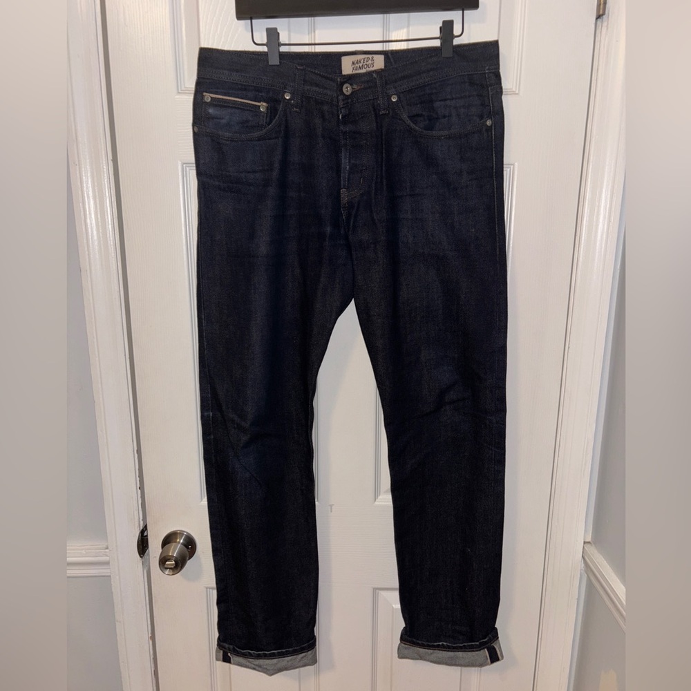 Naked & Famous x Canook Dark Blue Selvedge Denim Jeans 34x33 Weird Guy style
